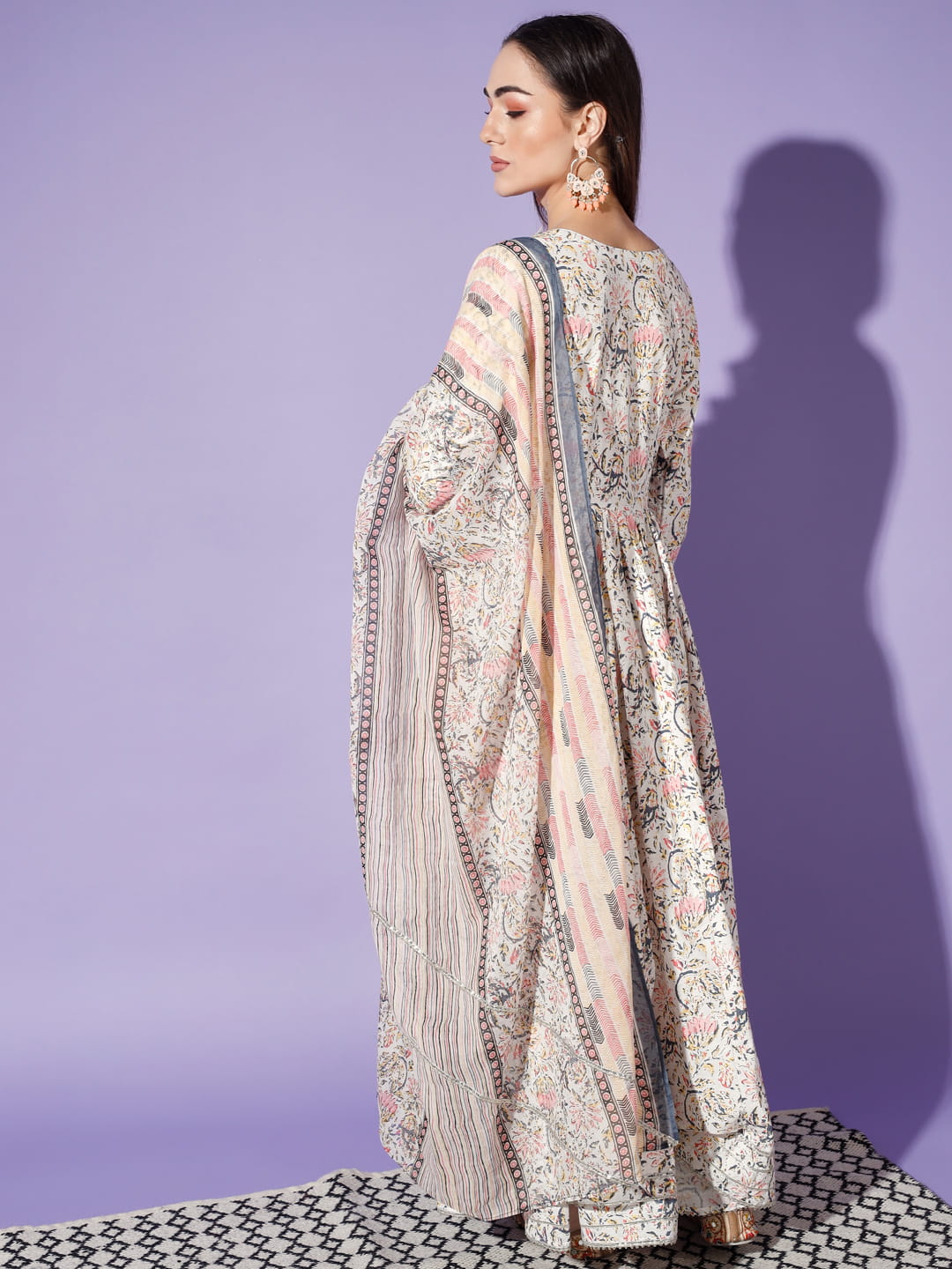 Mystical Blooms: An Off-White 2-Piece Kurta with Printed Dupatta | Hues of India