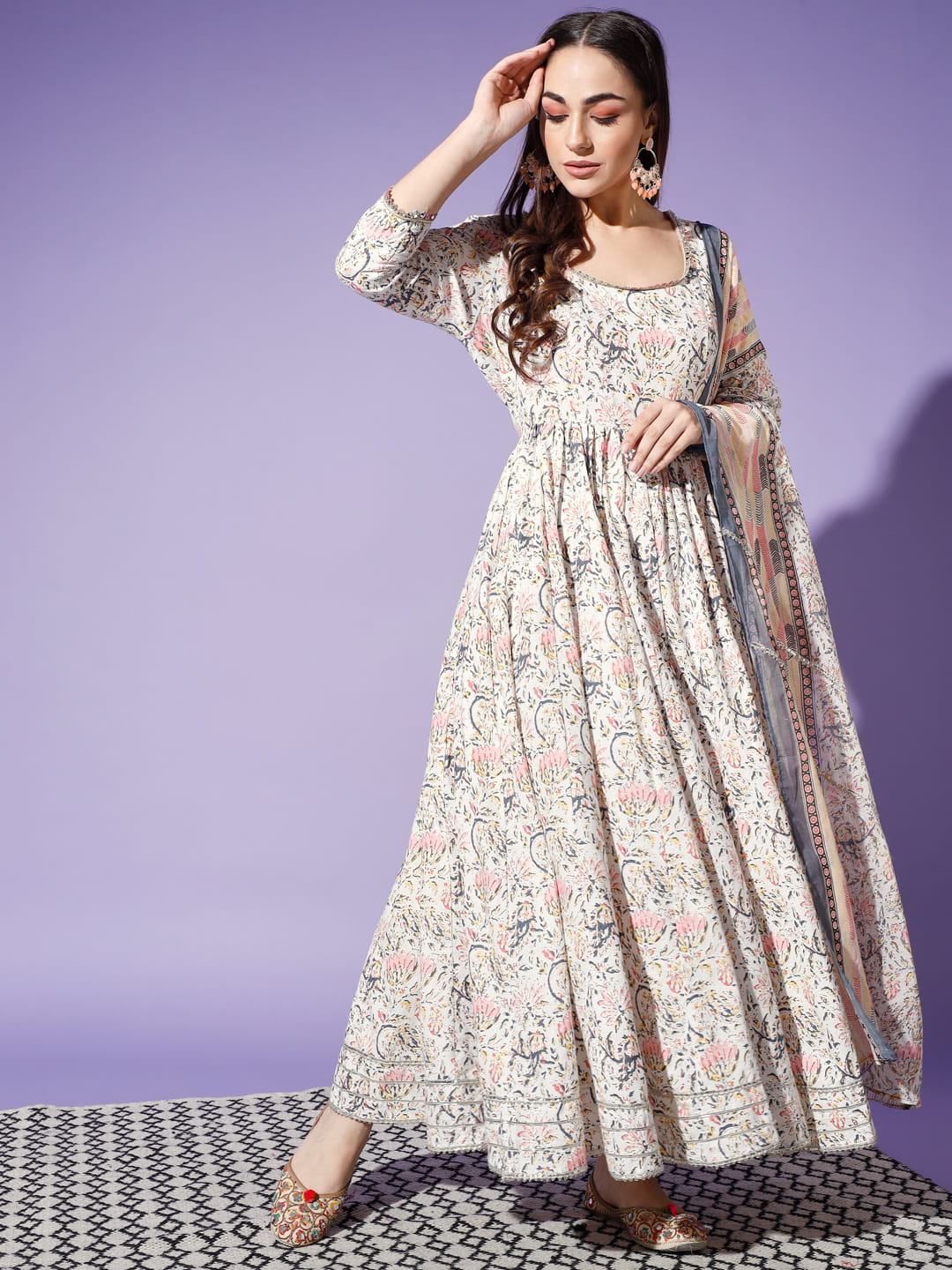 Mystical Blooms: An Off-White 2-Piece Kurta with Printed Dupatta | Hues of India