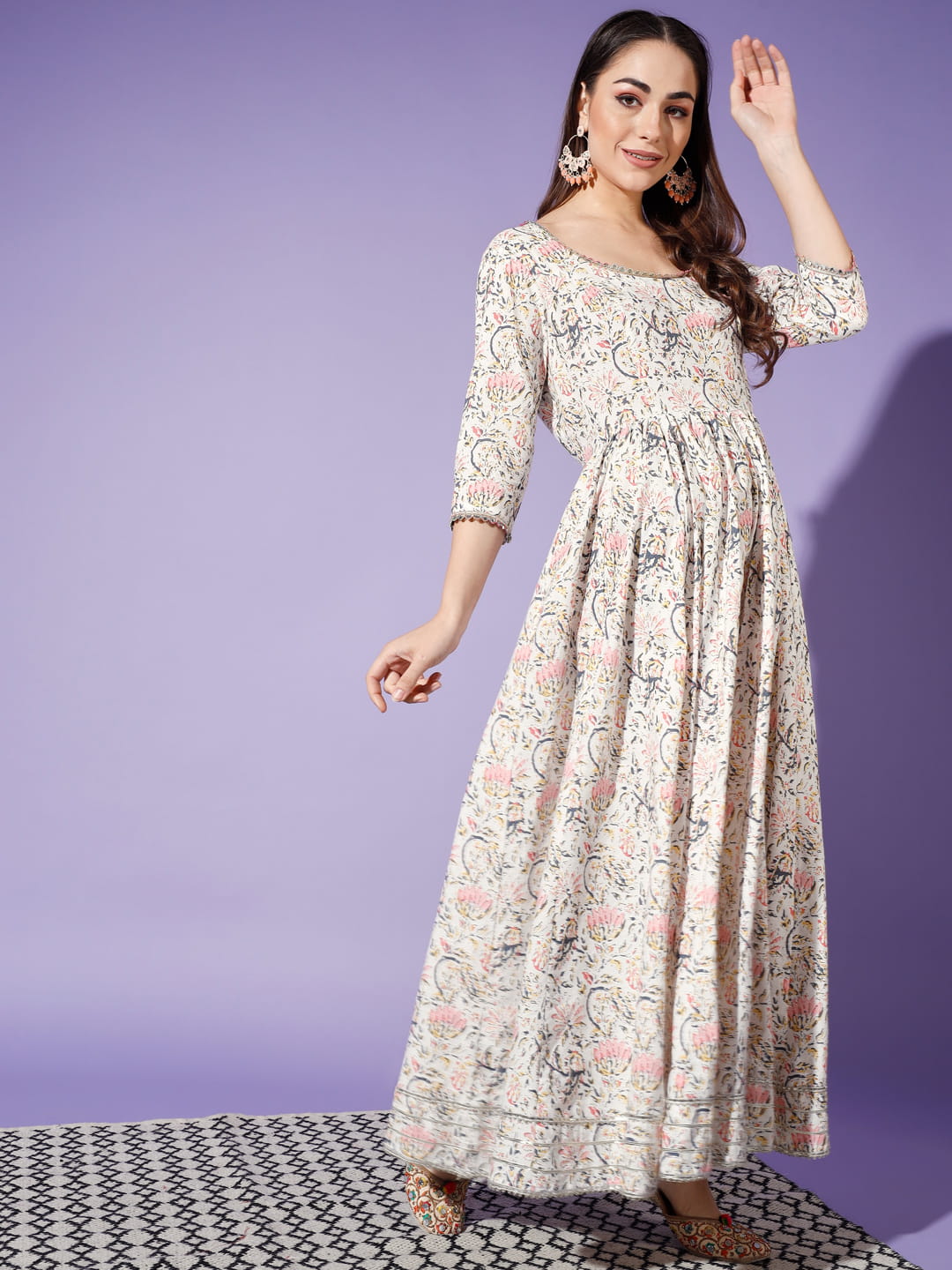 Mystical Blooms: An Off-White 2-Piece Kurta with Printed Dupatta | Hues of India