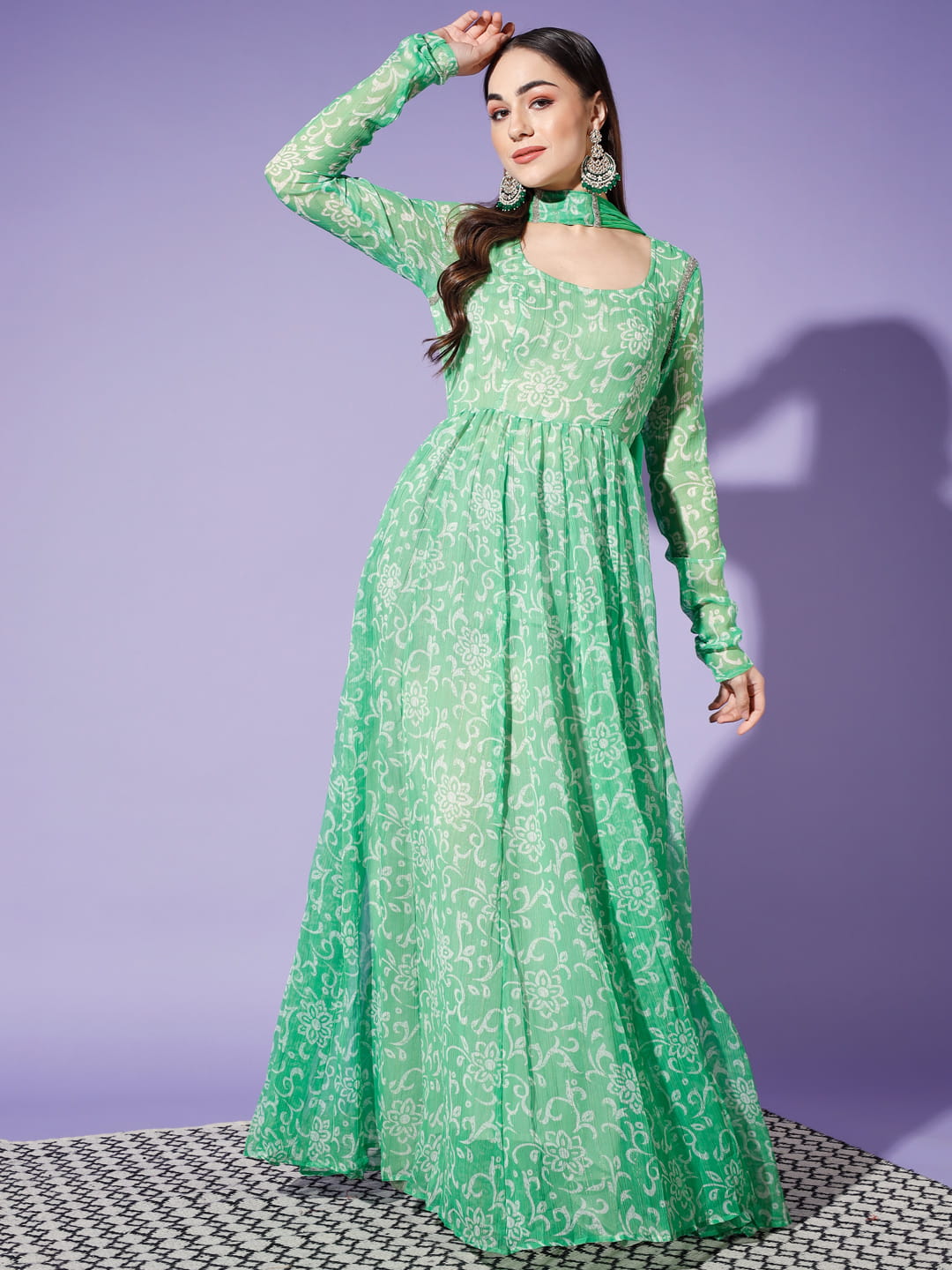 Verdant Visions: A Green Printed Kurti and Dupatta Set for Women | Hues of India