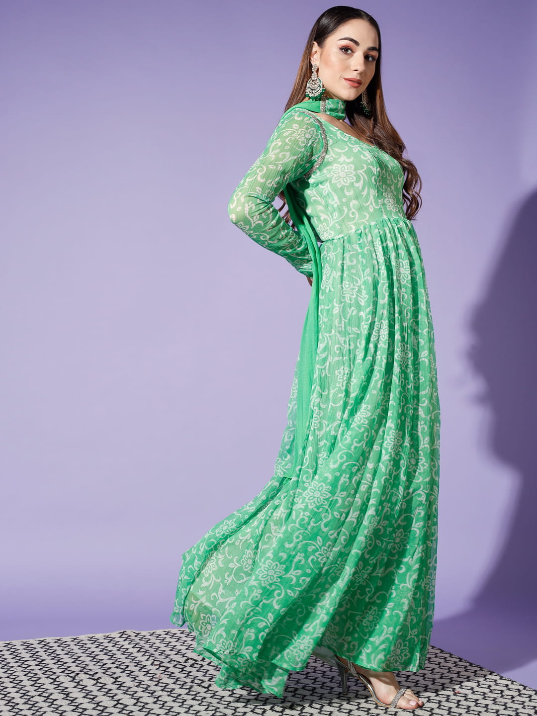 Verdant Visions: A Green Printed Kurti and Dupatta Set for Women | Hues of India