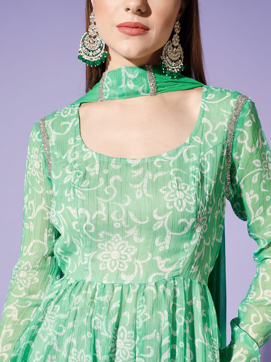 Verdant Visions: A Green Printed Kurti and Dupatta Set for Women | Hues of India