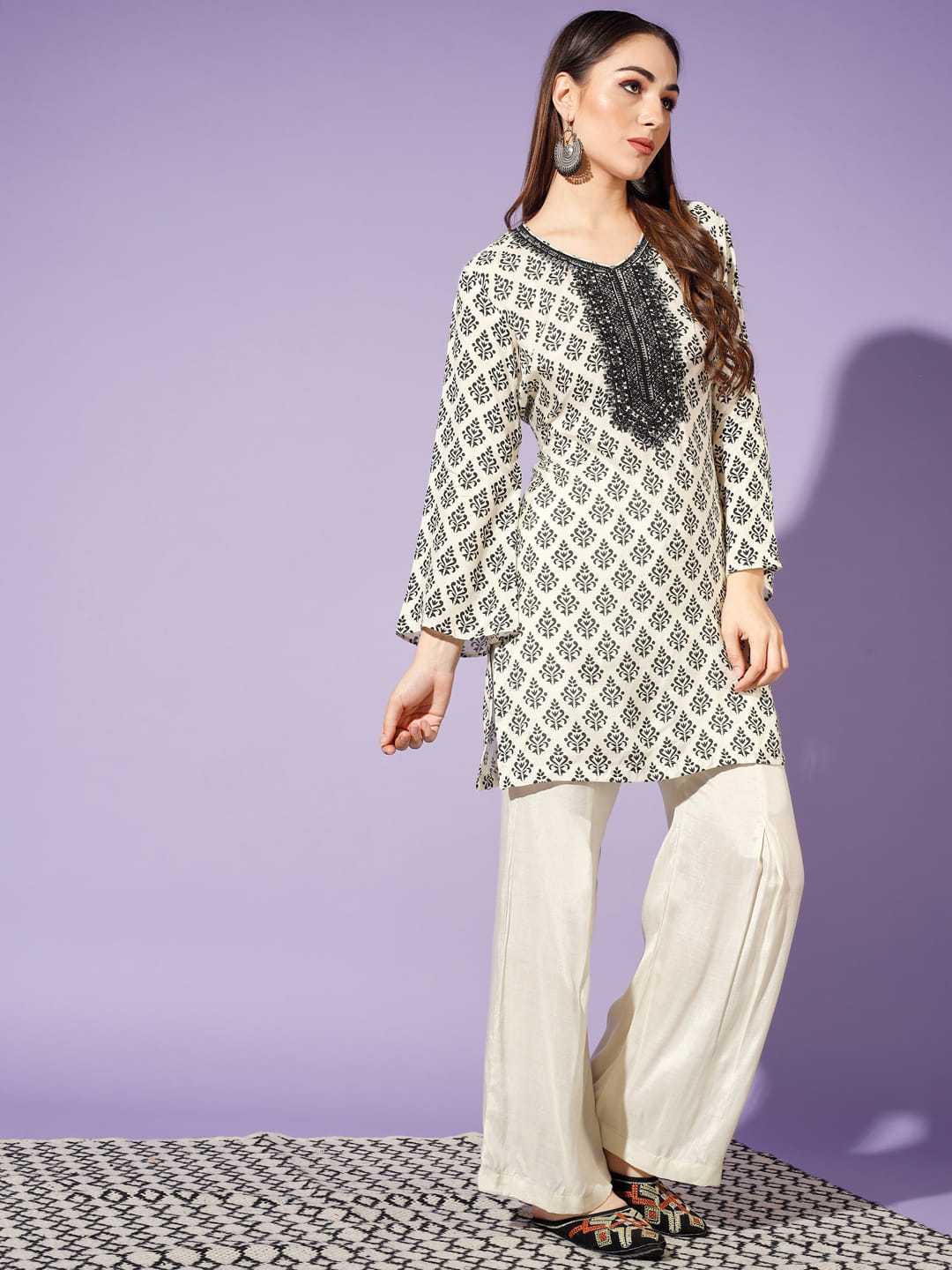 Monochrome Majesty: A Cream and Black Printed Suit | Hues of India