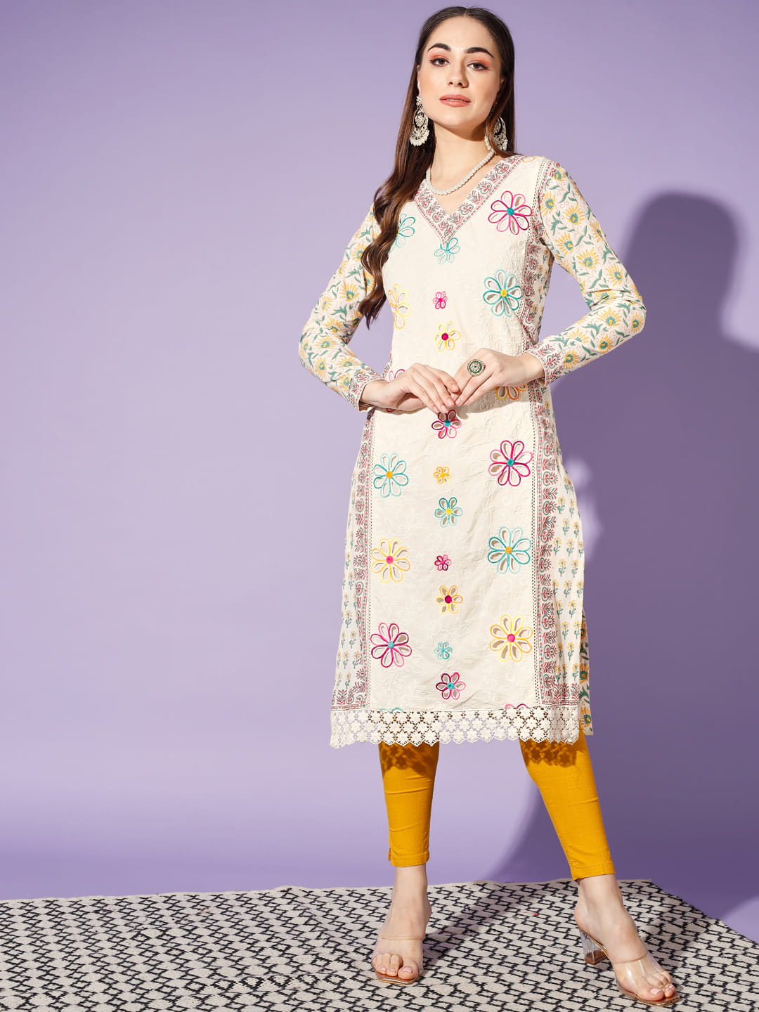 Blossoming Whispers: A White Kurti Adorned with Embellished Flowers | Hues of India