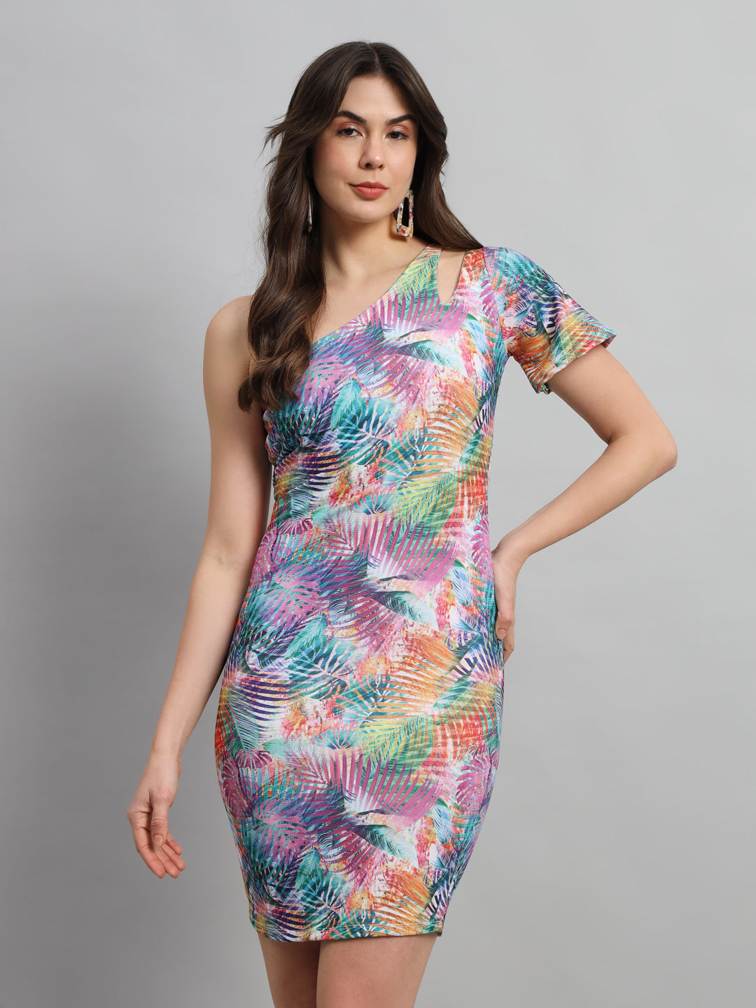 SCORPIUS Floral Printed One Shoulder Bodycon Dress