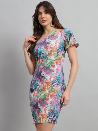 SCORPIUS Floral Printed One Shoulder Bodycon Dress