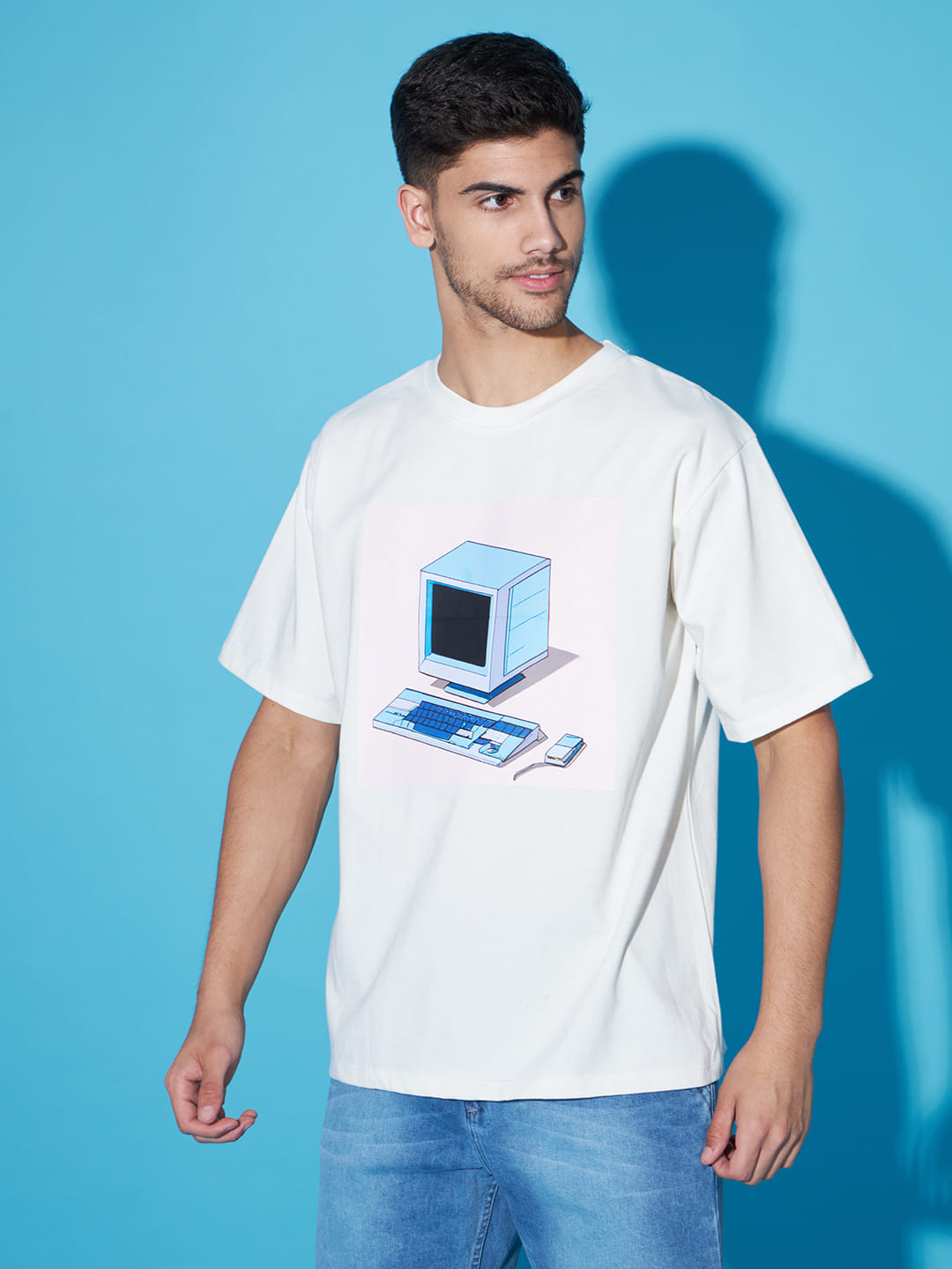 Digital Mirage: A Men's Oversized White T-Shirt with Front Print