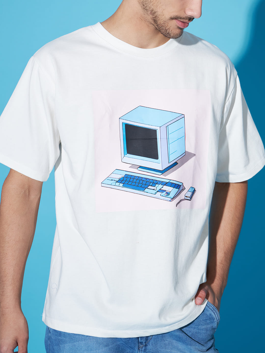 Digital Mirage: A Men's Oversized White T-Shirt with Front Print