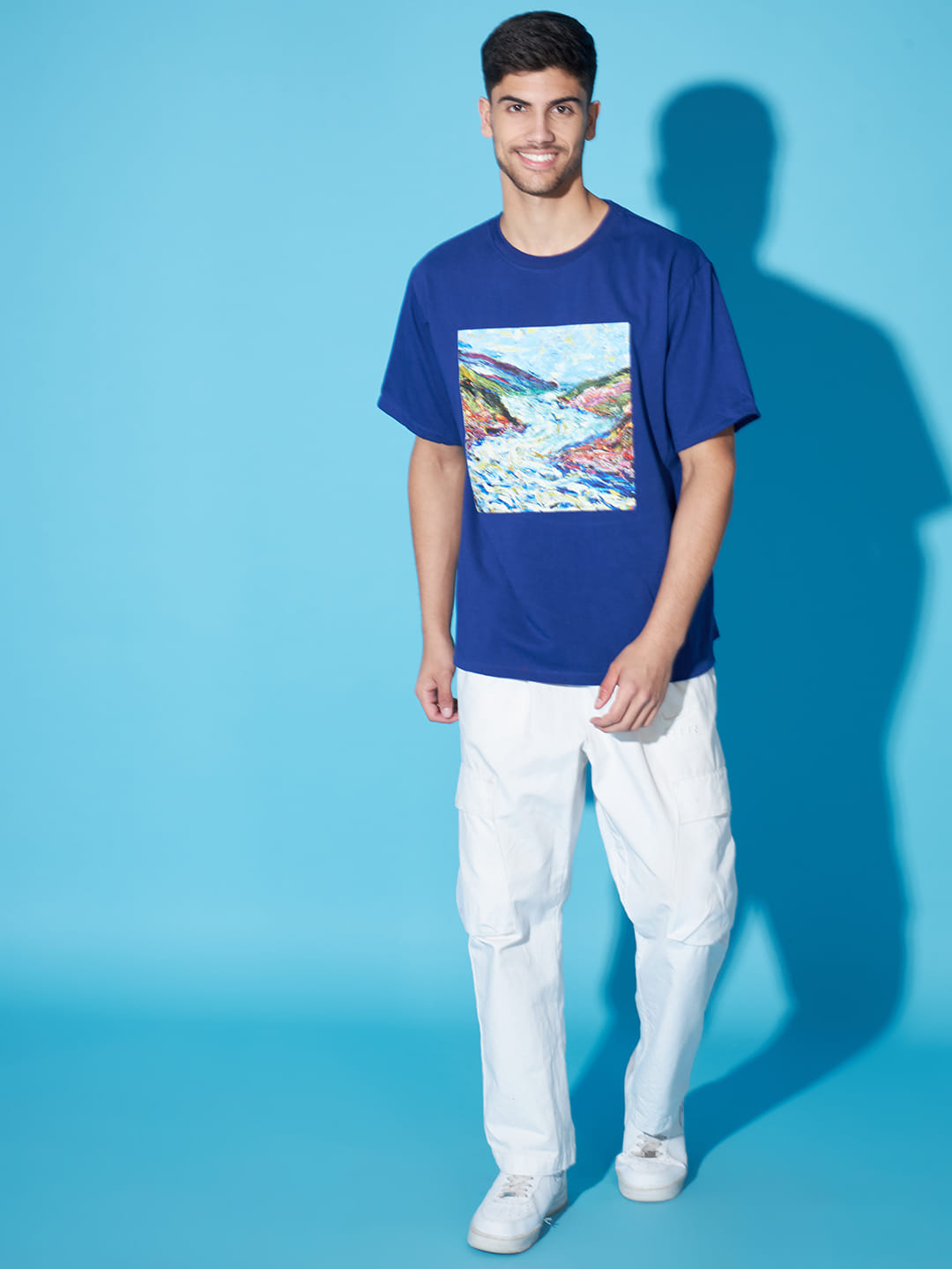 Azure Visions: Blue T-Shirt with Landscape Print