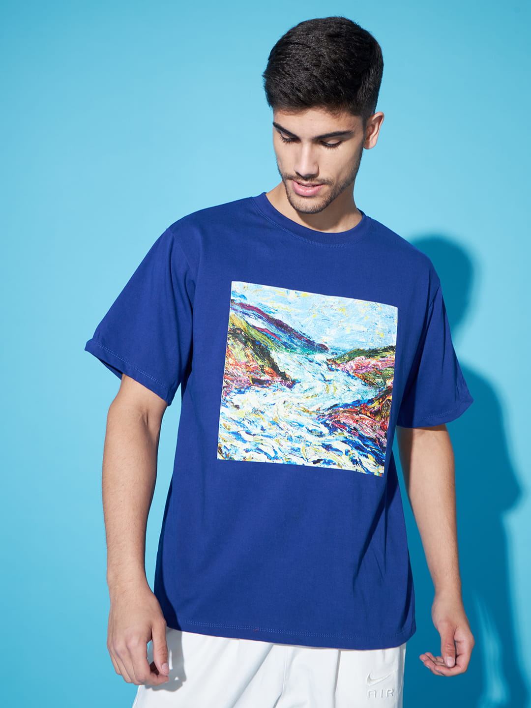 Azure Visions: Blue T-Shirt with Landscape Print