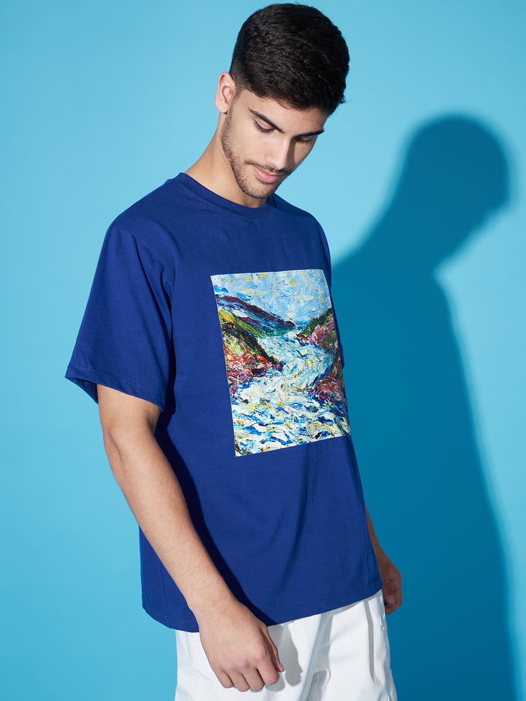 Azure Visions: Blue T-Shirt with Landscape Print