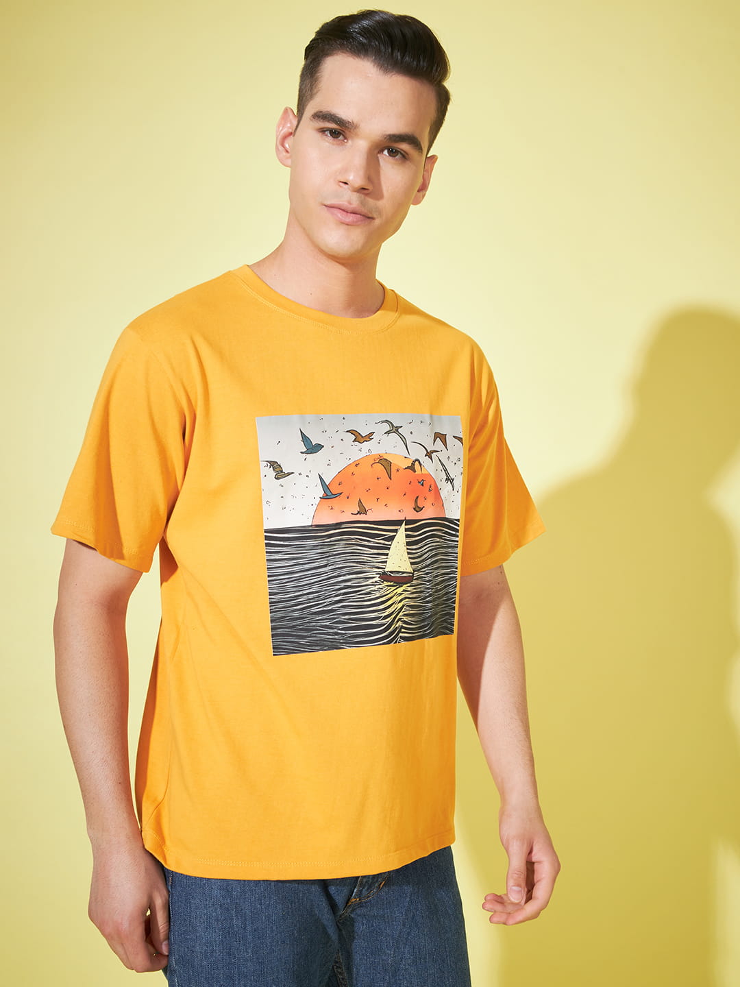 Golden Elegance: Mustard Printed T-Shirt