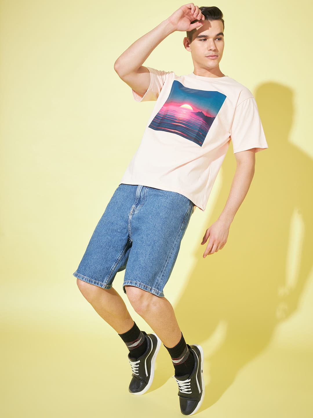 Ethereal Blush: Light Pink Printed Men's Oversized T-Shirt