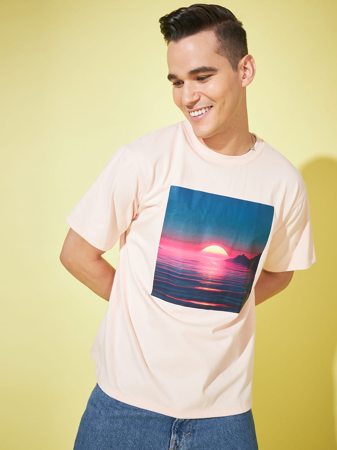 Ethereal Blush: Light Pink Printed Men's Oversized T-Shirt