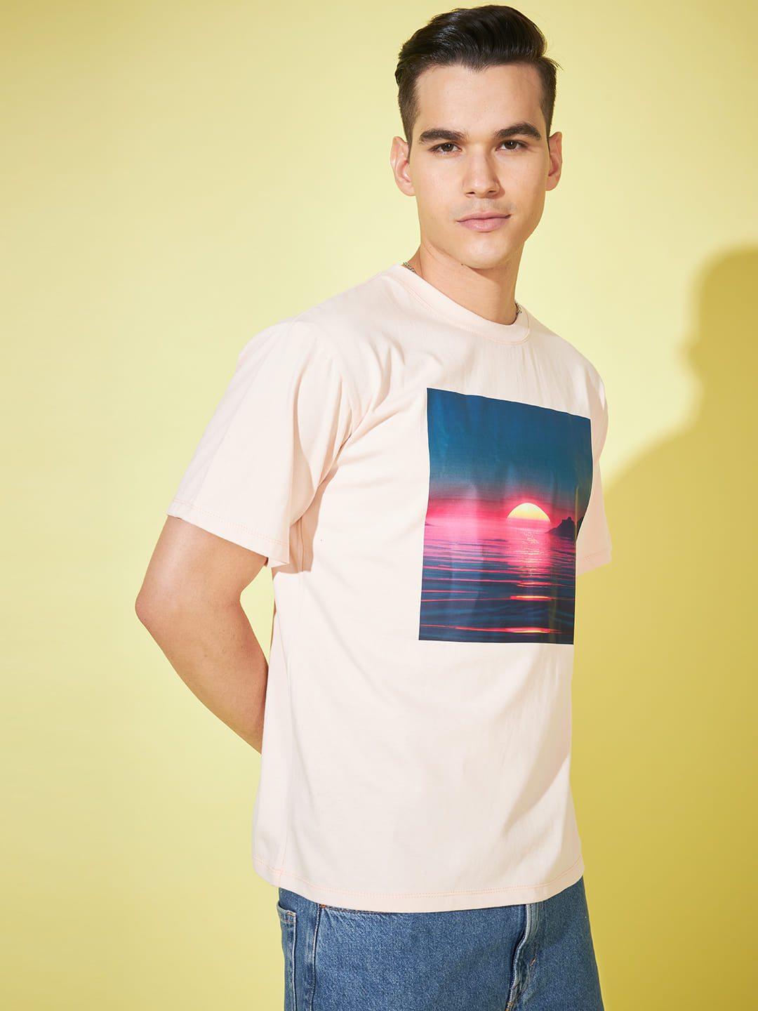 Ethereal Blush: Light Pink Printed Men's Oversized T-Shirt