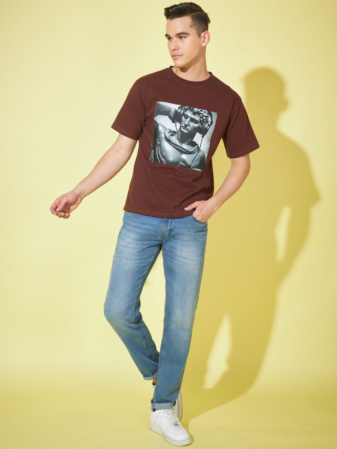 Earthly Expression: Brown Printed Men's Oversized T-Shirt