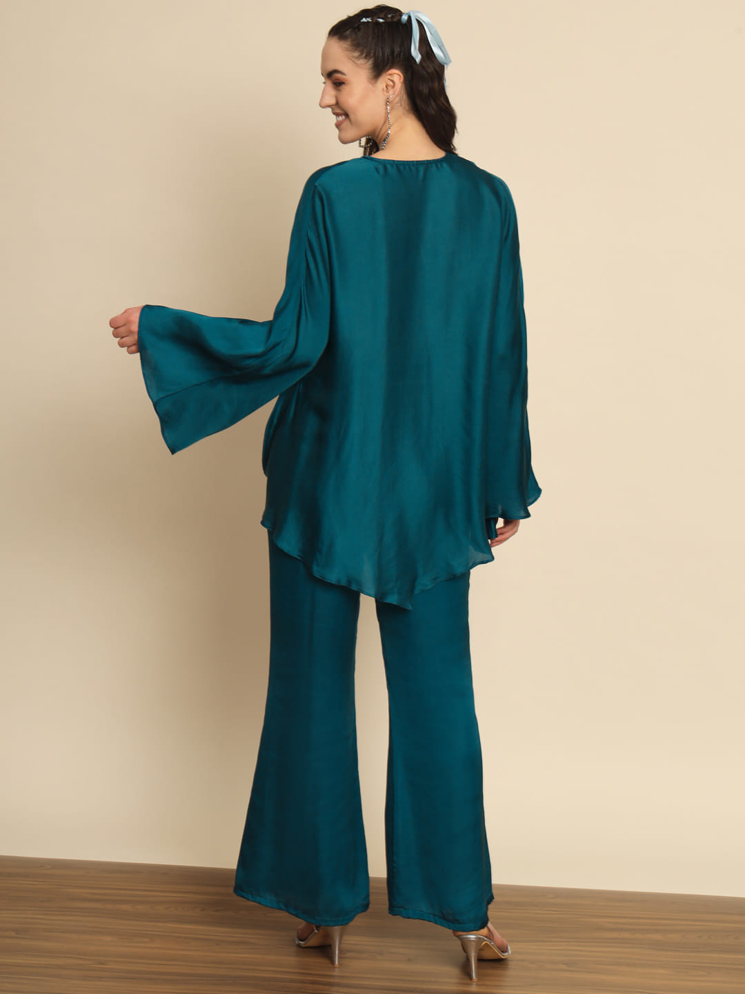 Ocean's Whispers: A Turquoise Blue Satin Solid Designer Coord Set | Hues of India