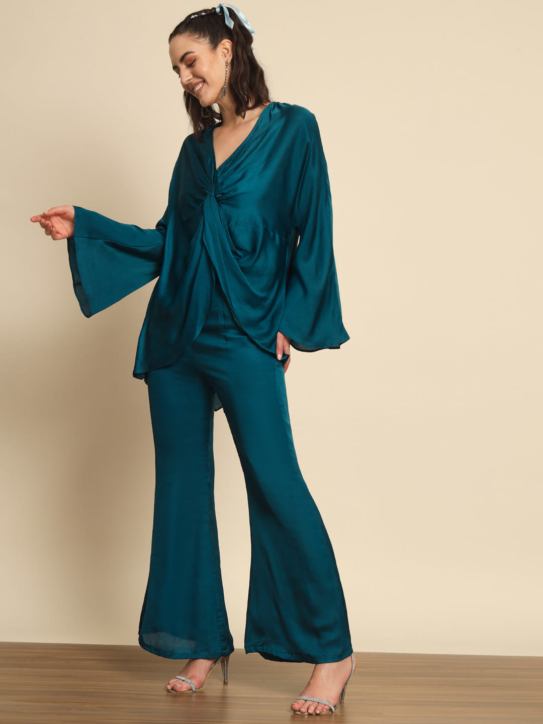 Ocean's Whispers: A Turquoise Blue Satin Solid Designer Coord Set | Hues of India