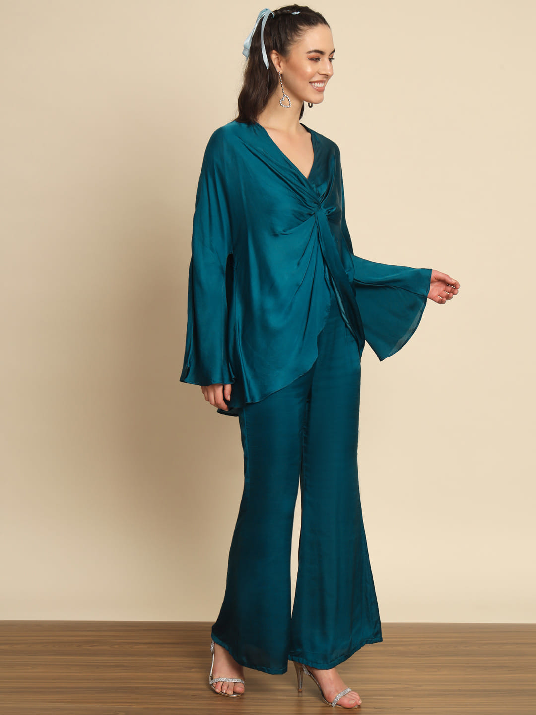 Ocean's Whispers: A Turquoise Blue Satin Solid Designer Coord Set | Hues of India