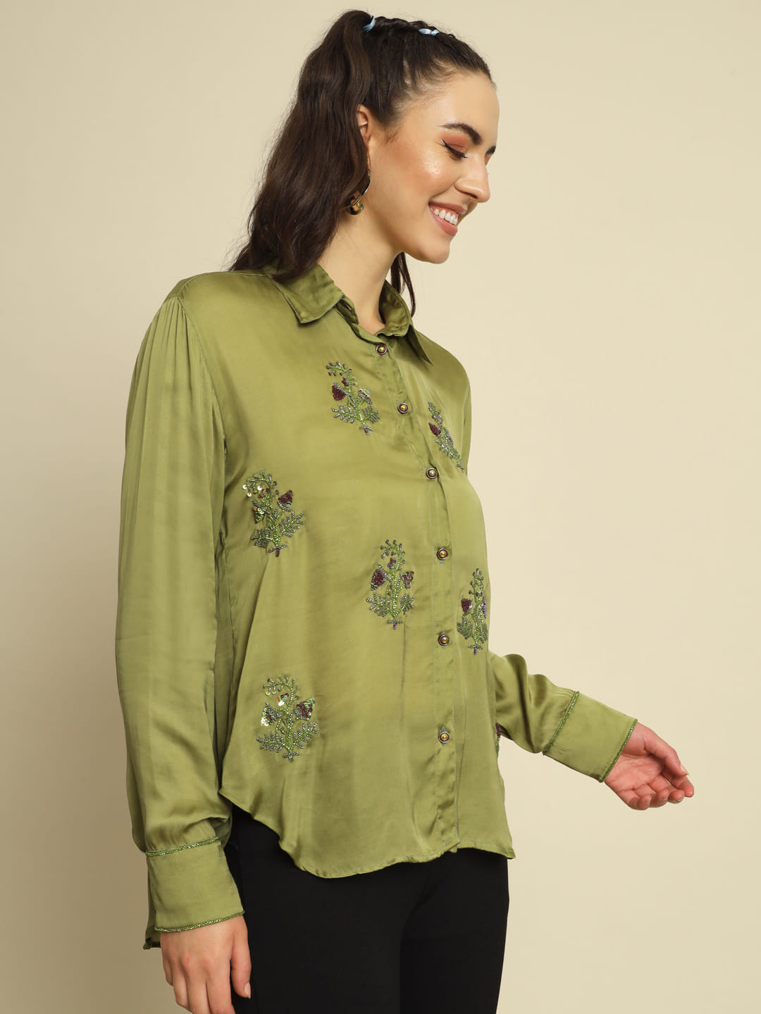 Whispers of Nature: An Olive Green Hand Embroidered Shirt