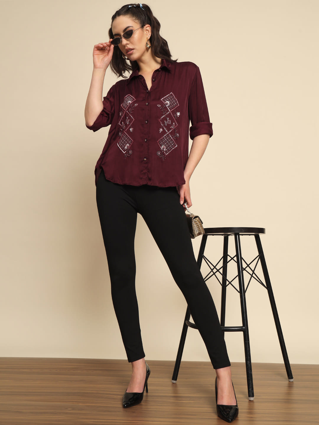 Scarlet Symphony: A Maroon Hand Embroidered Shirt