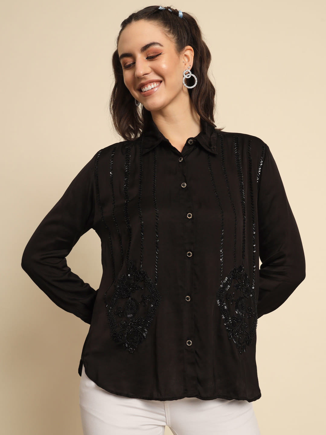 Celestial Intricacies: A Hand Embroidered Black Shirt