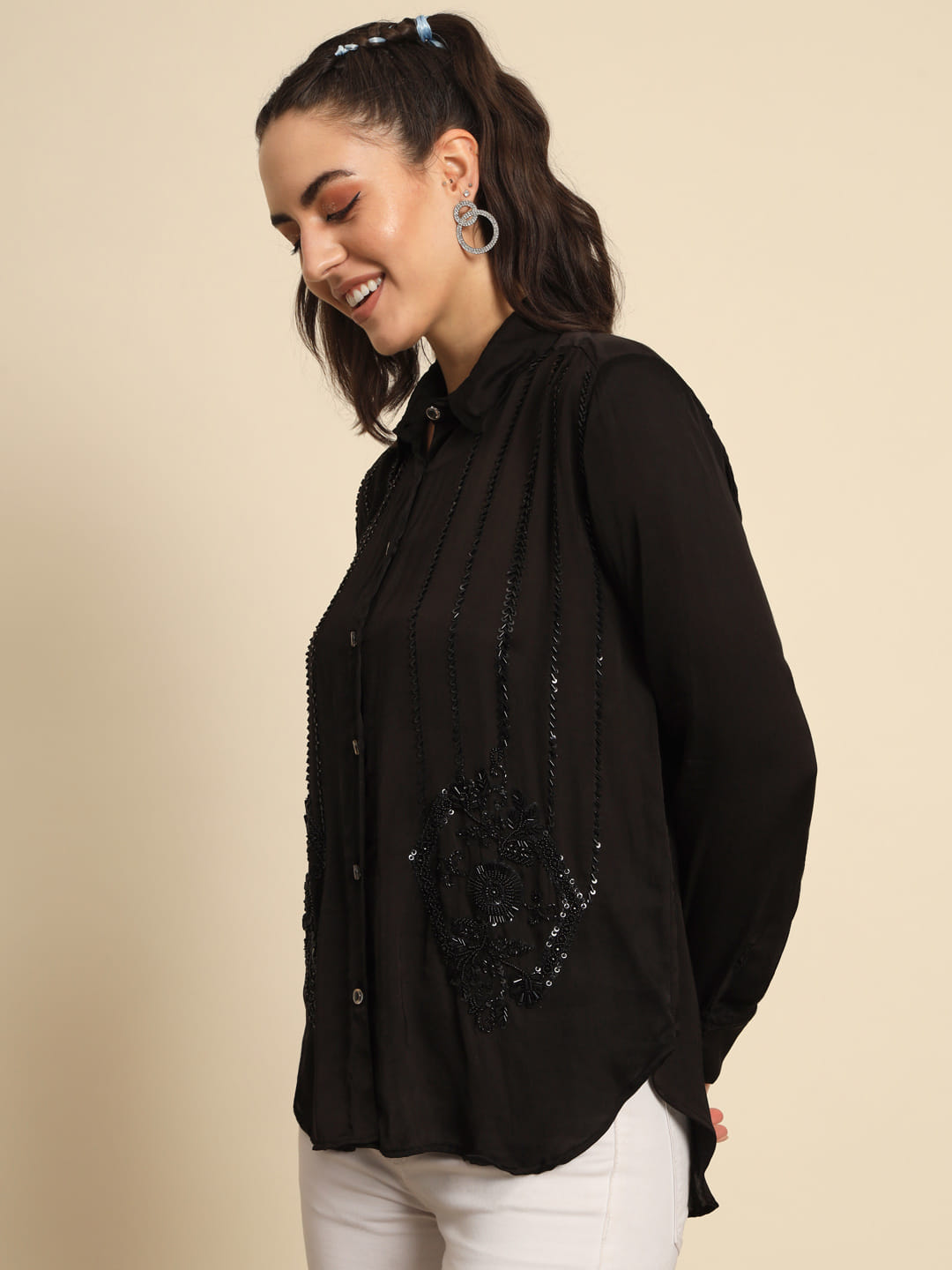 Celestial Intricacies: A Hand Embroidered Black Shirt