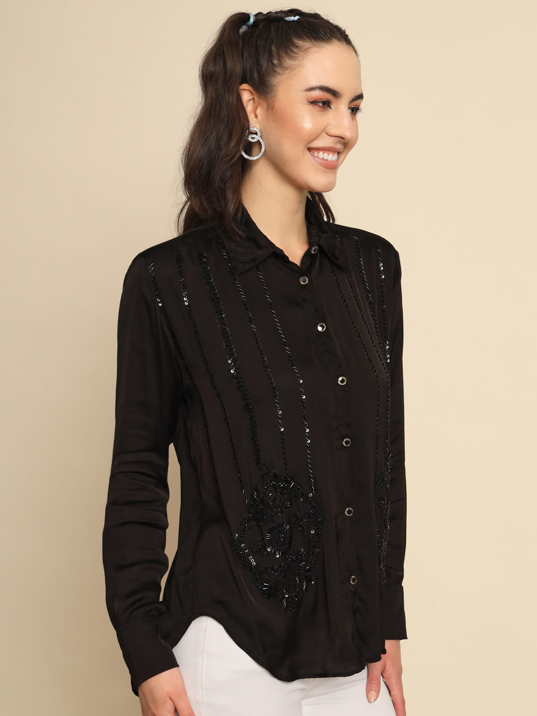 Celestial Intricacies: A Hand Embroidered Black Shirt