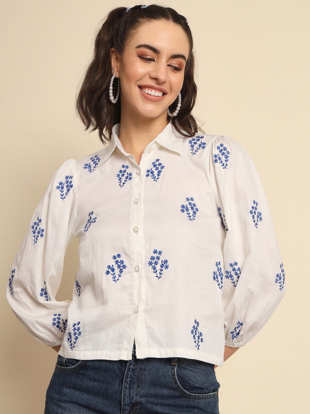 Whispers of Azure: A White Cotton Shirt with Blue Embroidery