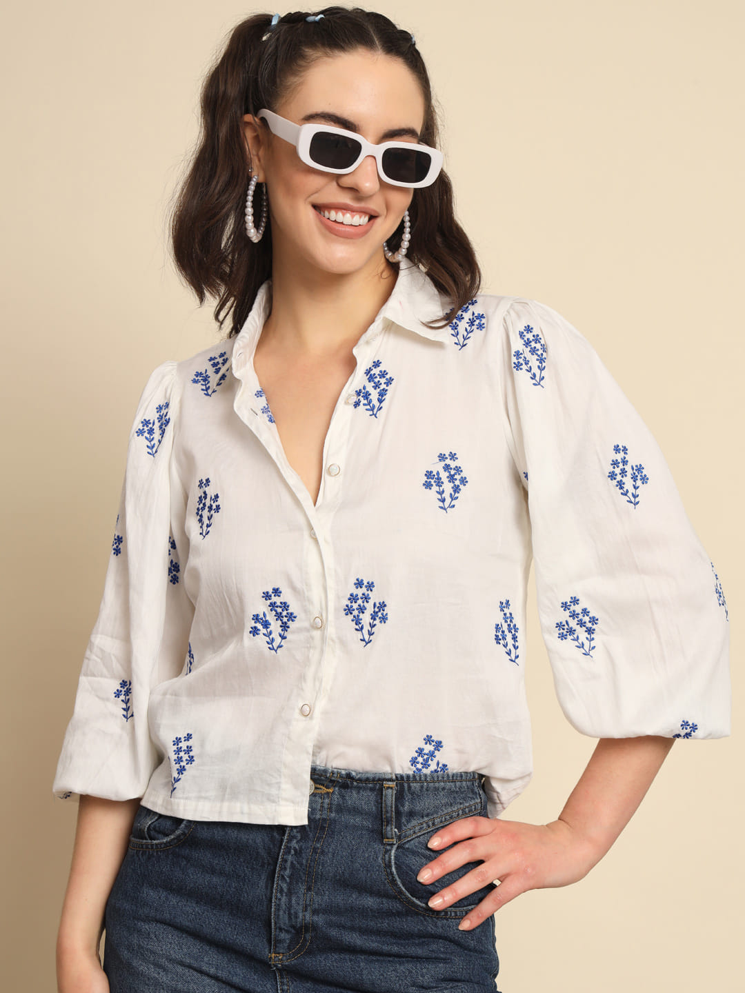 Whispers of Azure: A White Cotton Shirt with Blue Embroidery