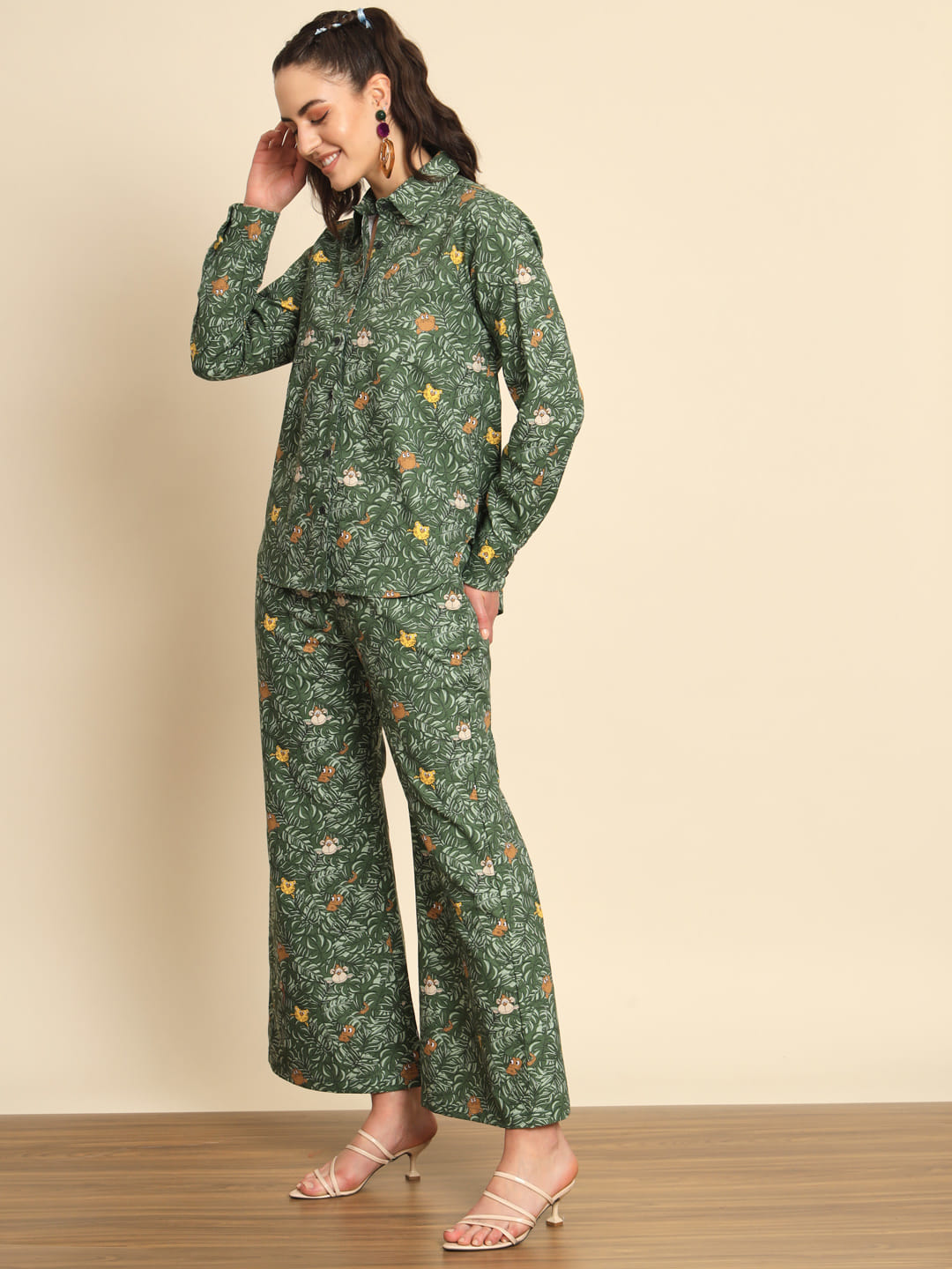 Verdant Melodies: A Green Printed Denim Coord Set | Hues of India