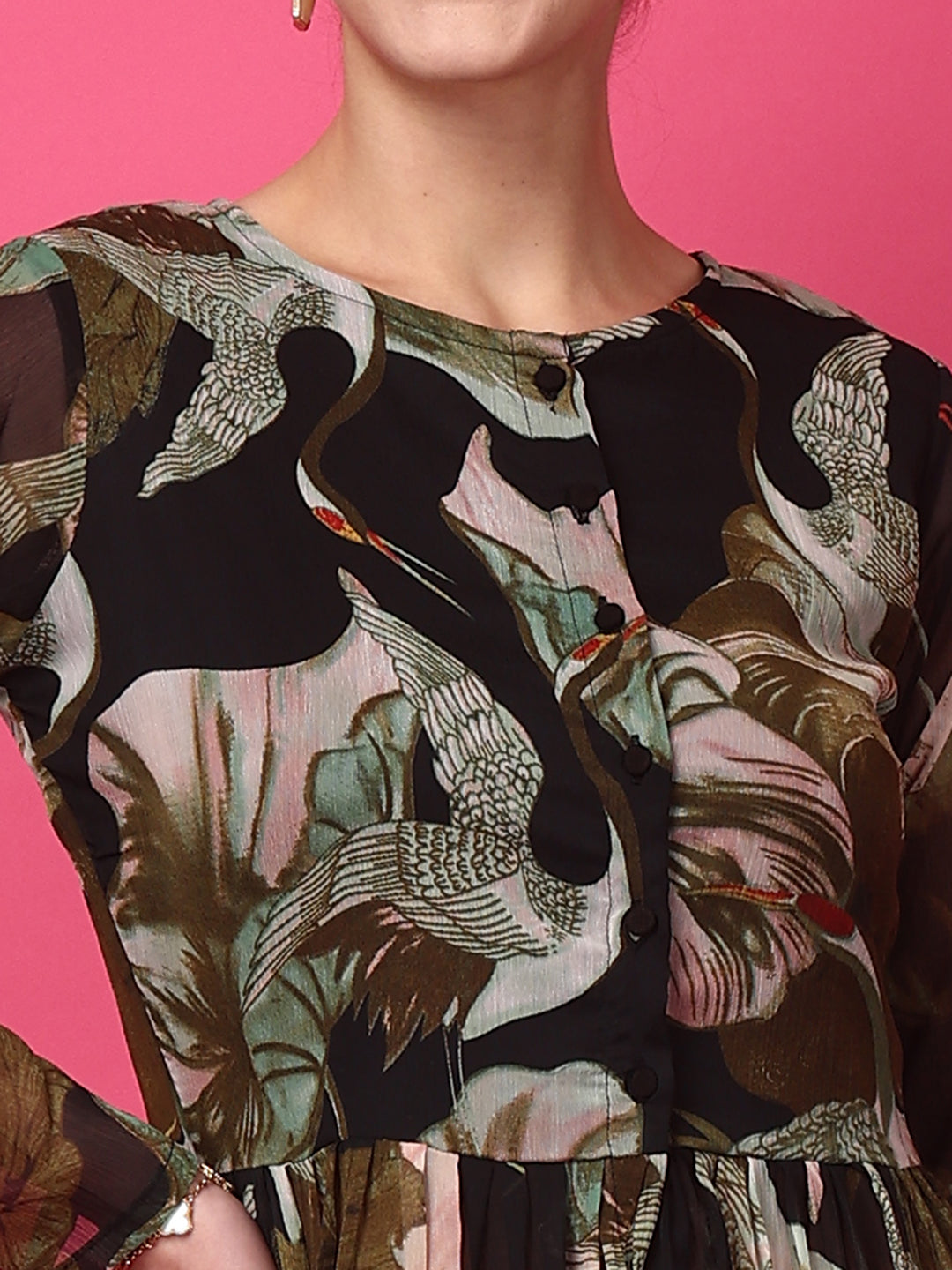Black Floral Printed Gathers Detail Chiffon Tunic