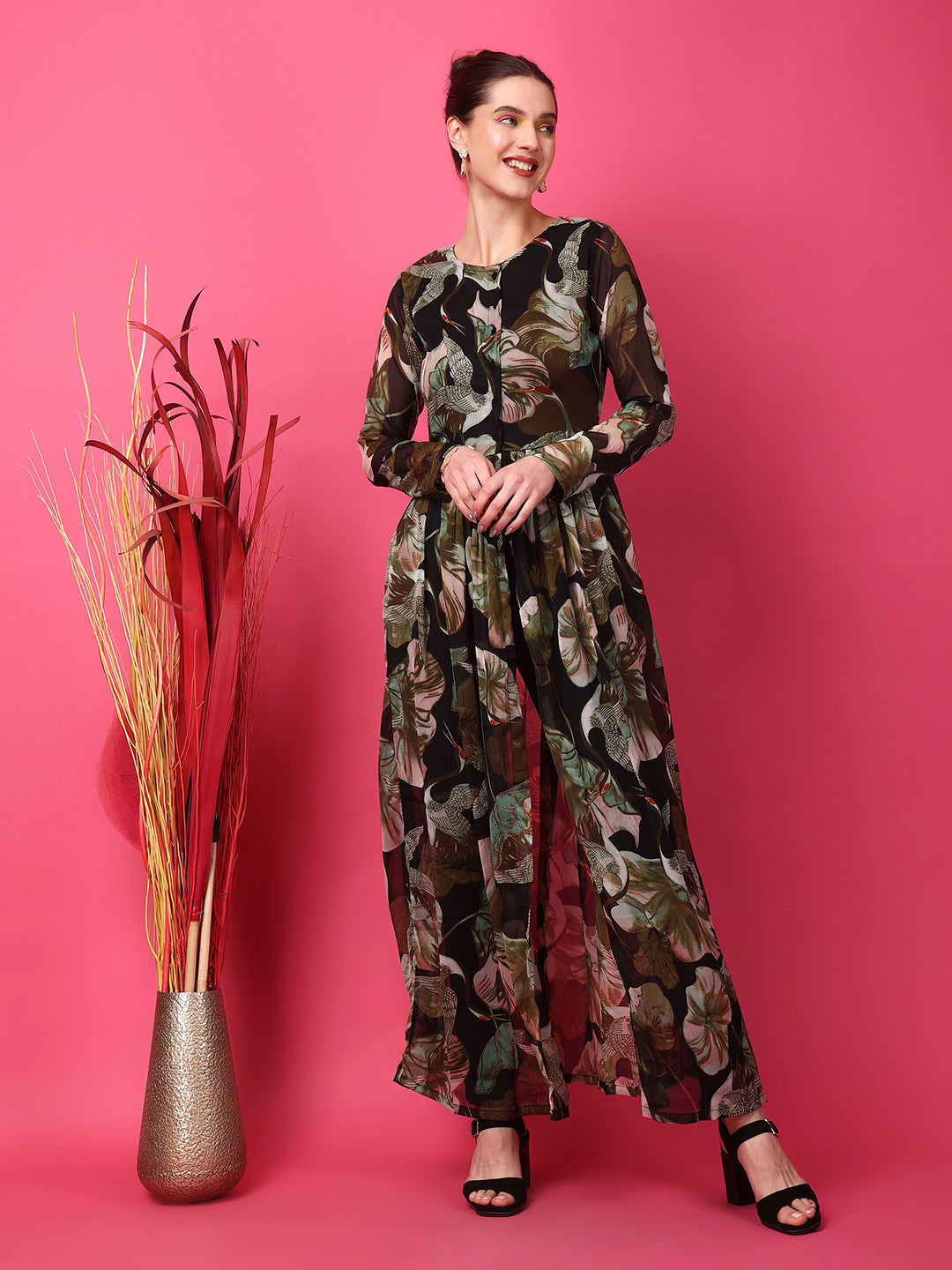 Black Floral Printed Gathers Detail Chiffon Tunic