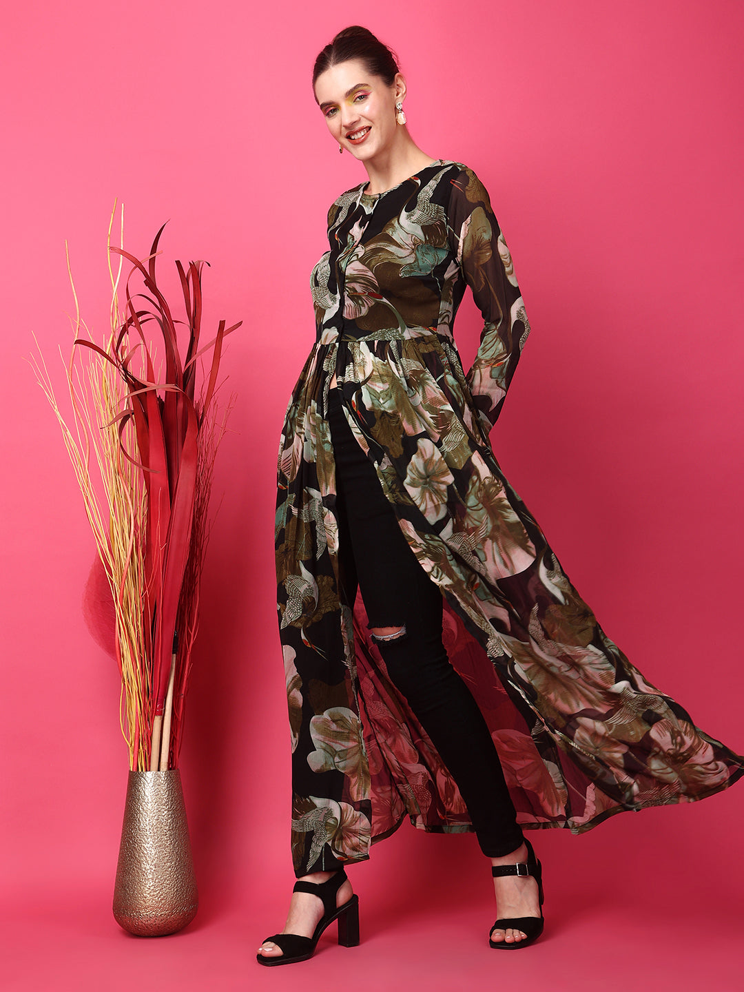 Black Floral Printed Gathers Detail Chiffon Tunic