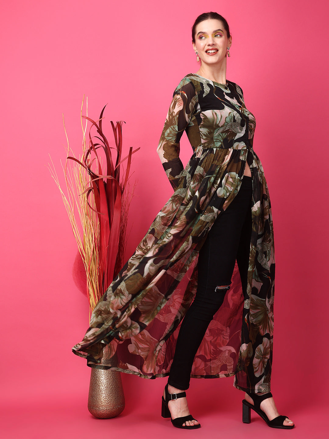 Black Floral Printed Gathers Detail Chiffon Tunic