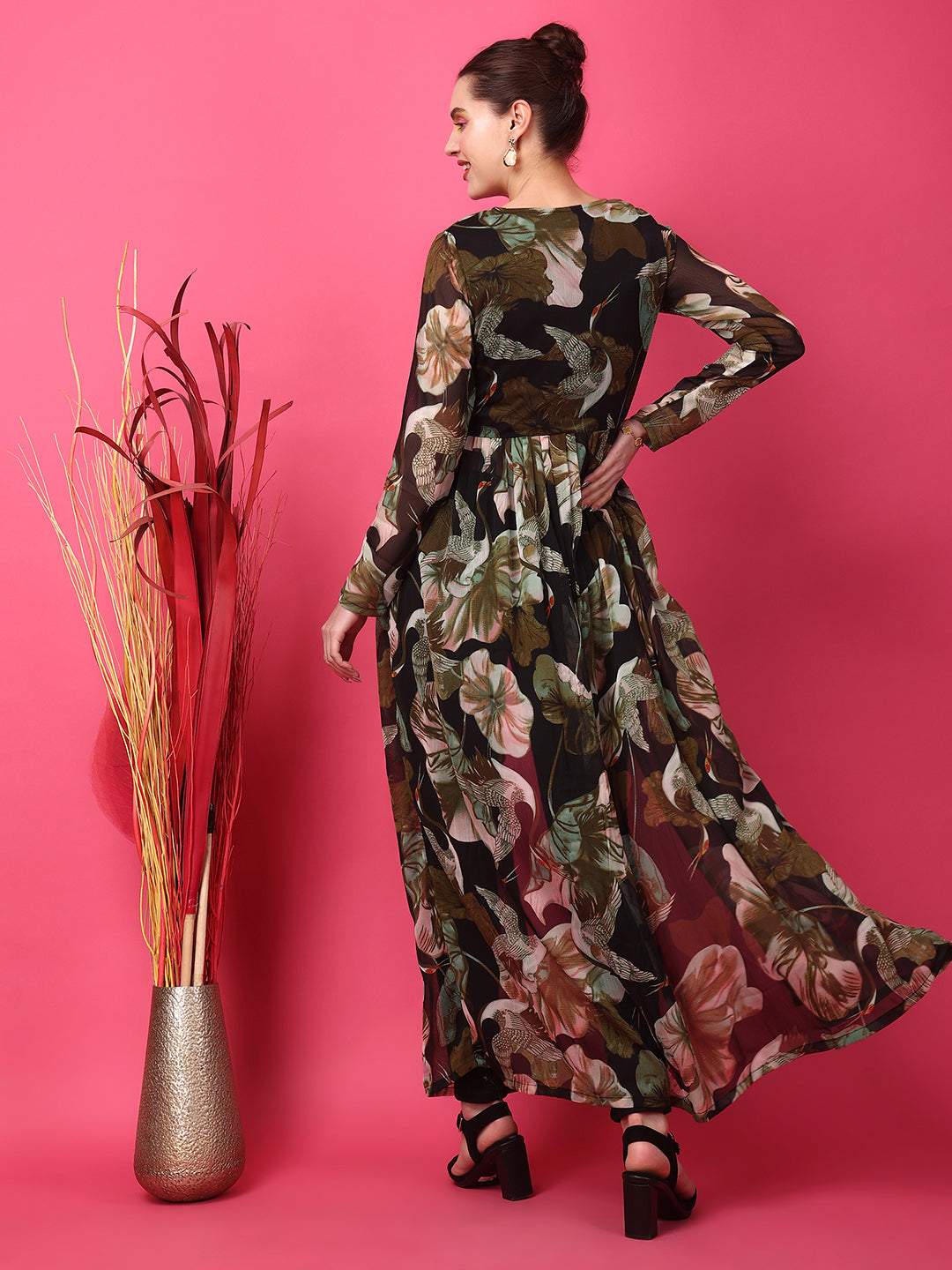 Black Floral Printed Gathers Detail Chiffon Tunic