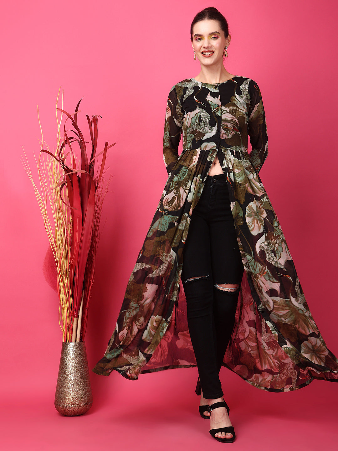 Black Floral Printed Gathers Detail Chiffon Tunic