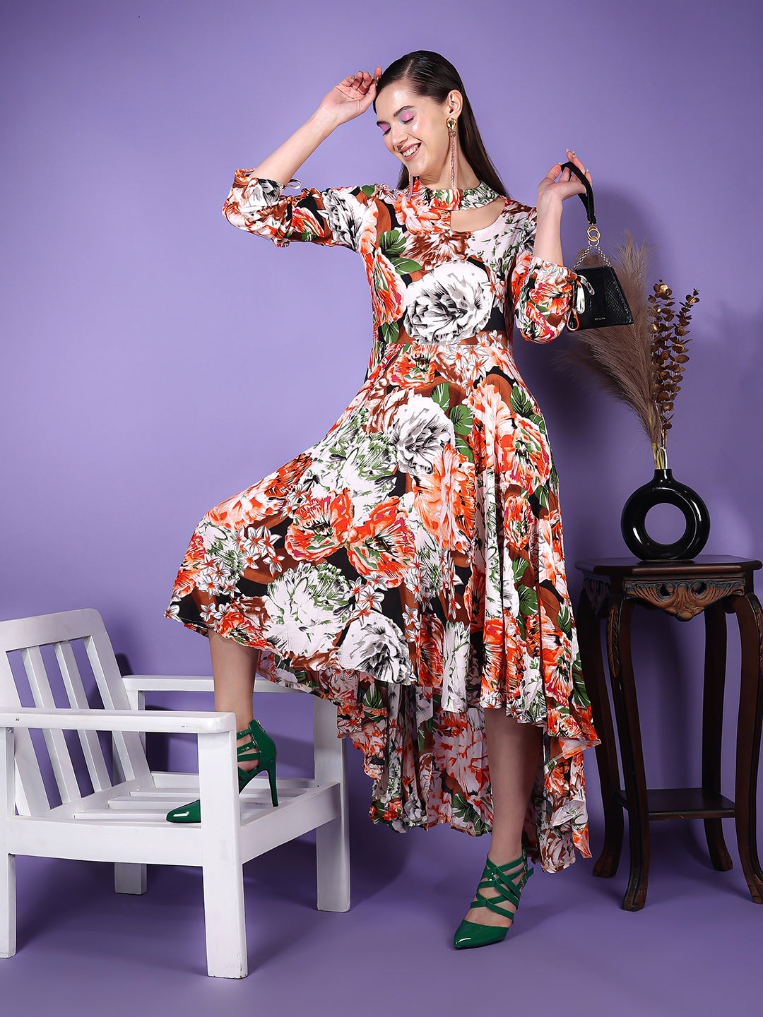 SCORPIUS Floral Printed Cut Outs Maxi Dress