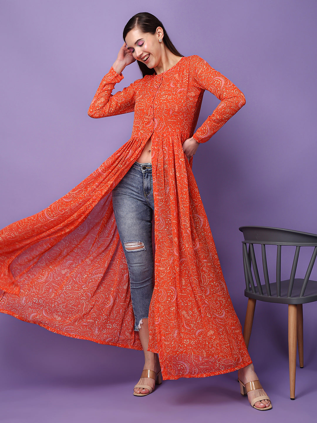 Ethnic Motifs Printed Chiffon Longline Tunics