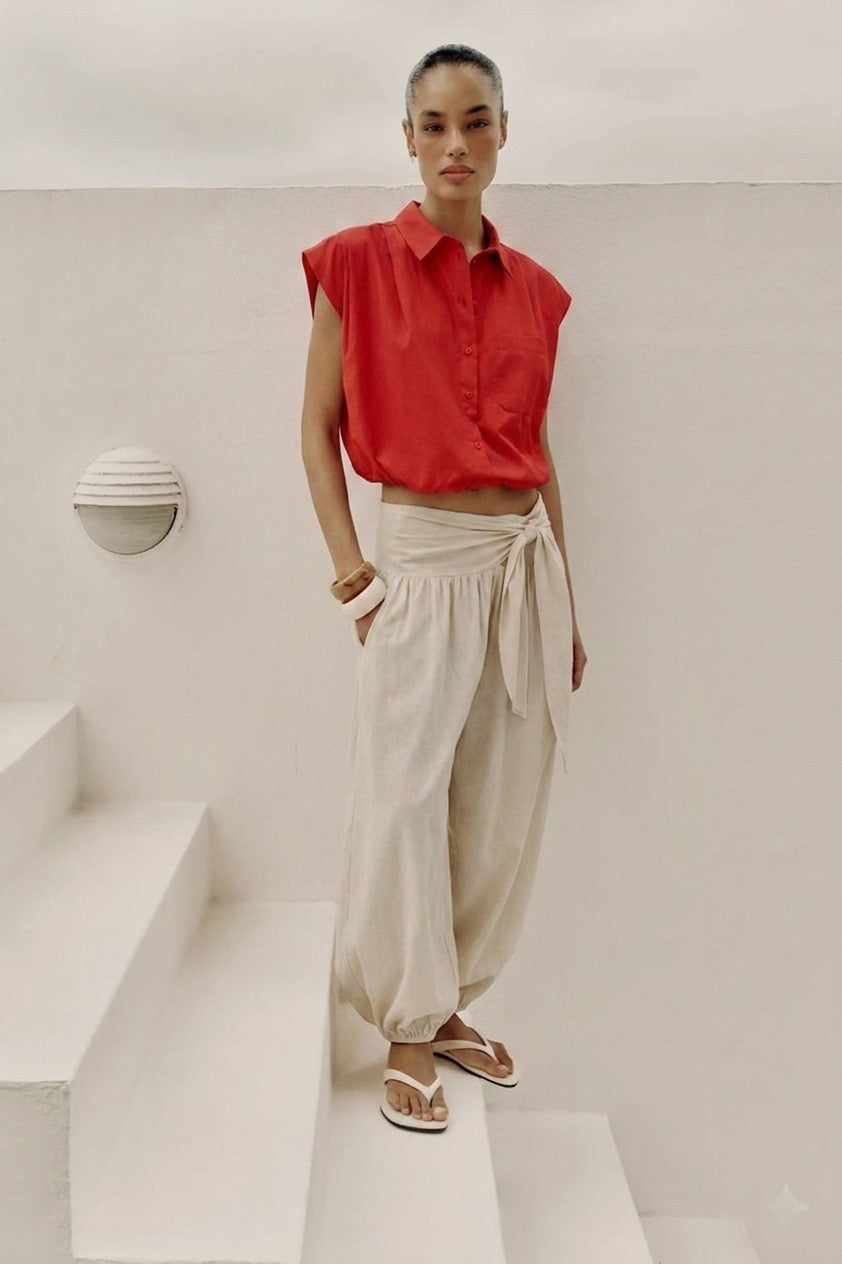 Cap-Sleeve Cropped Poplin Shirt – Crimson Red