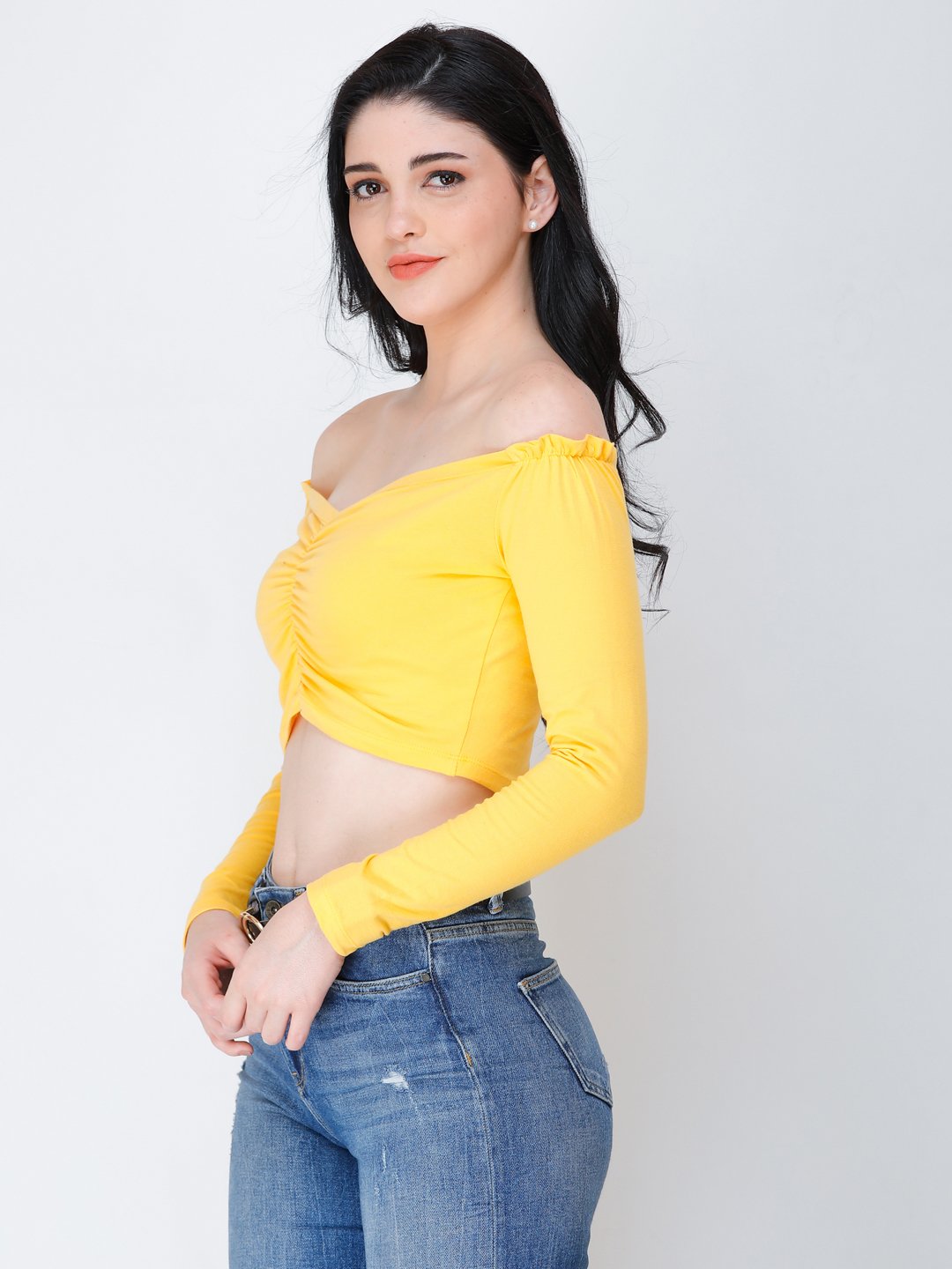 SCORPIUS yellow off shoulder crop top