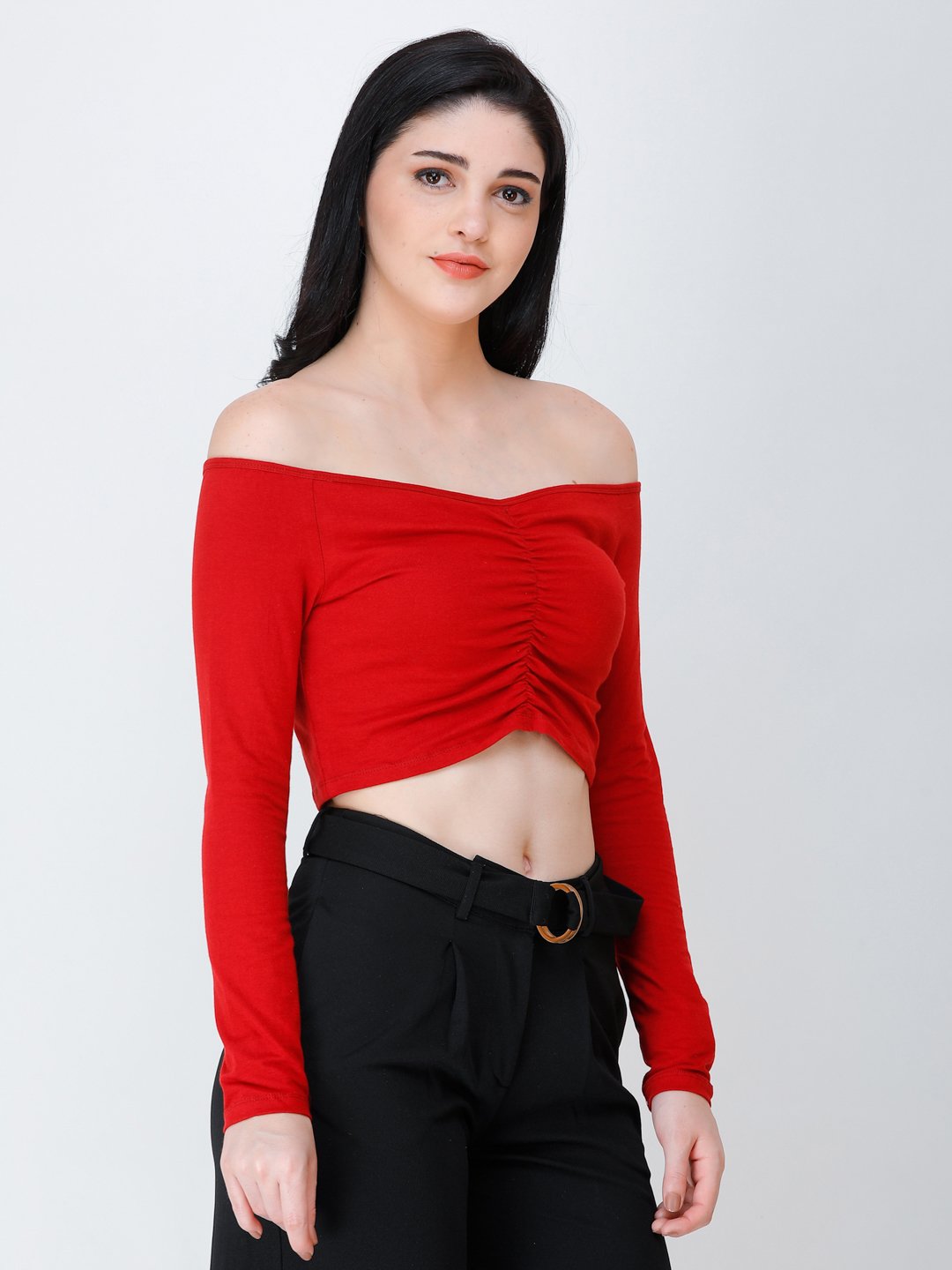 SCORPIUS Maroon off shoulder crop top