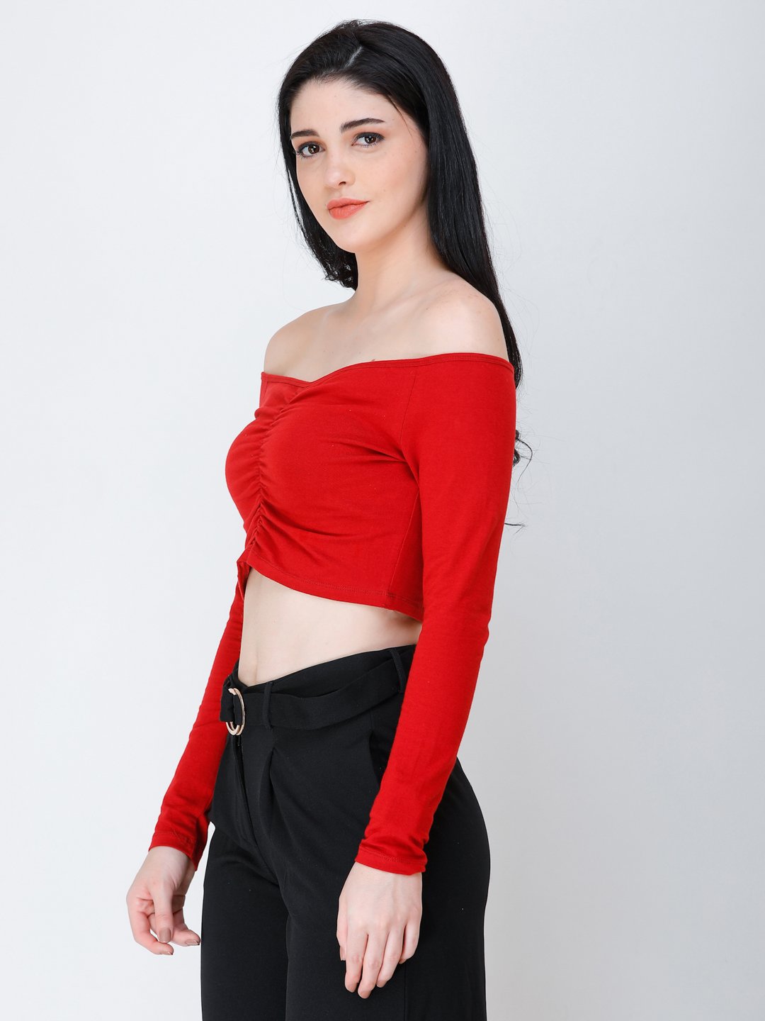 SCORPIUS Maroon off shoulder crop top