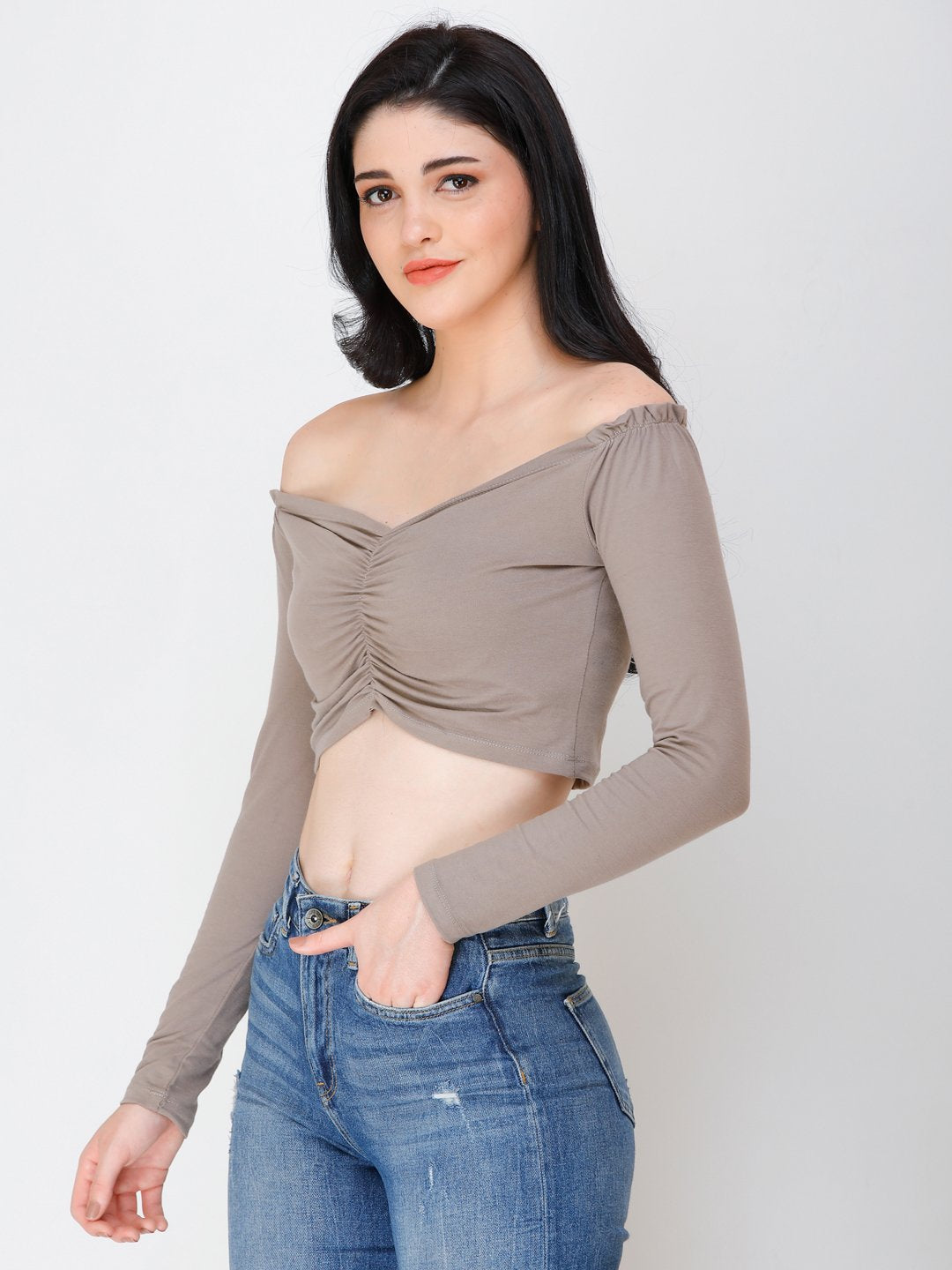 SCORPIUS Beige off shoulder crop top