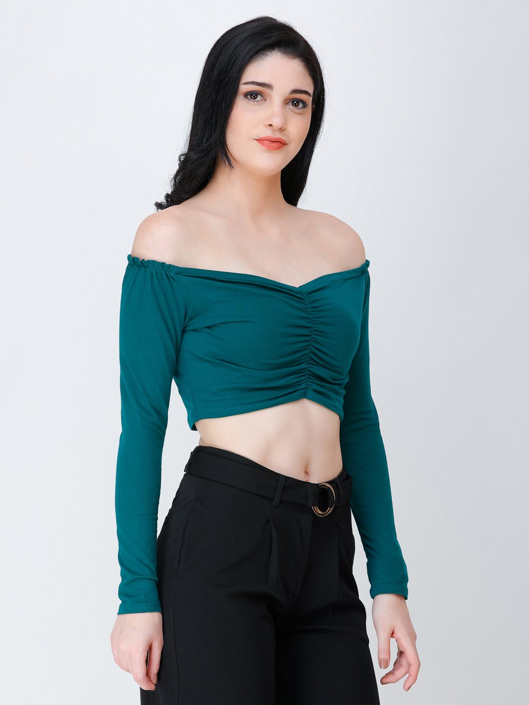SCORPIUS Teal off shoulder crop top