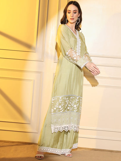Chic and Elegant: Green Suit Set with White Embroidery and Complementing Dupatta | Hues of India