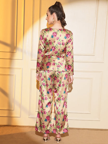 Glam Up Your Style: Gold Floral Satin Coord Set | Hues of India