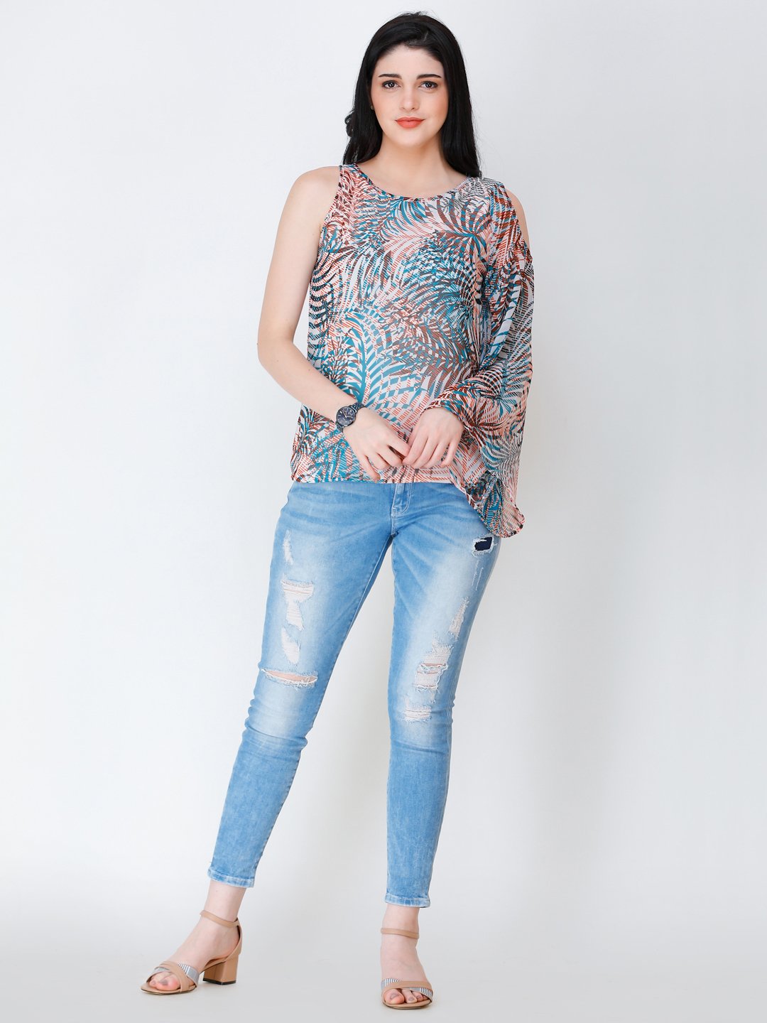 SCORPIUS one shoulder printed top