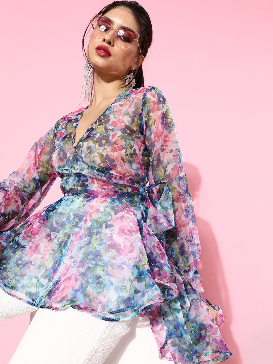 SCORPIUS Blue Floral Organza Top