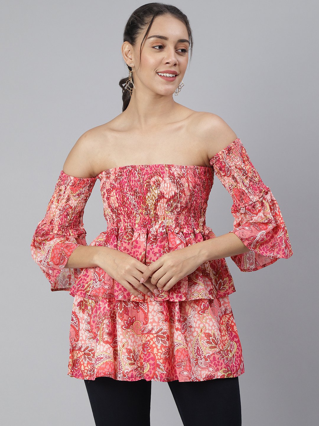 SCORPIUS Pink printed offshoulder frill sleeve top